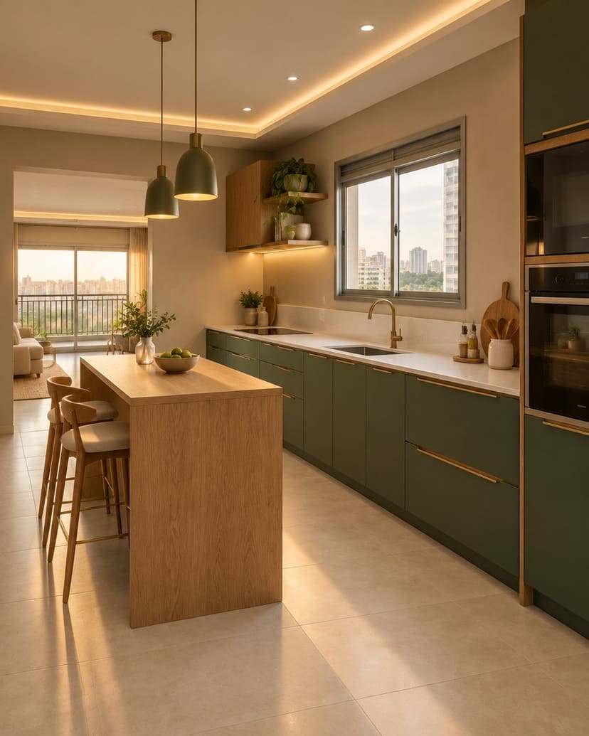 Imagem ilustrativa: a mesma cozinha pronta, com marcenaria verde, bancada clara e iluminação embutida