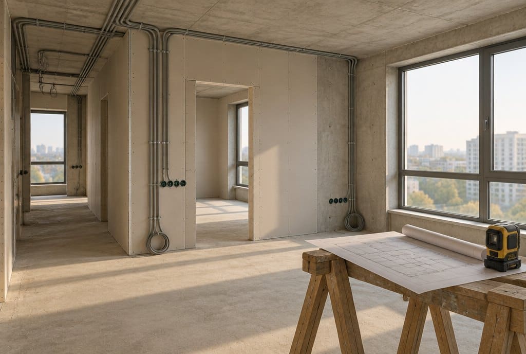 Imagem ilustrativa: apartamento novo entregue no contrapiso, com paredes sem acabamento e janelas instaladas