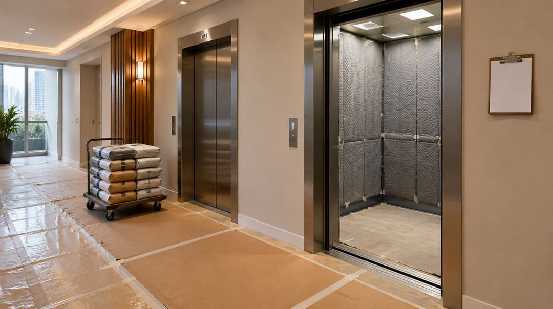 Imagem ilustrativa: hall de elevadores de condomínio com elevador de serviço protegido e piso coberto durante reforma