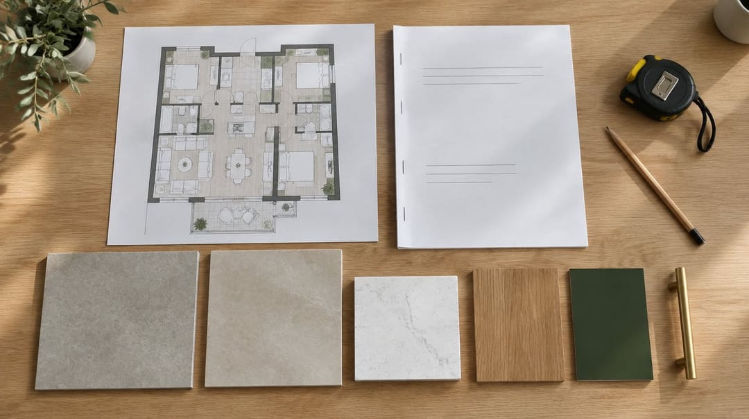 Imagem ilustrativa: planta de apartamento, memorial descritivo e amostras de piso, pedra, madeira e metal sobre a mesa