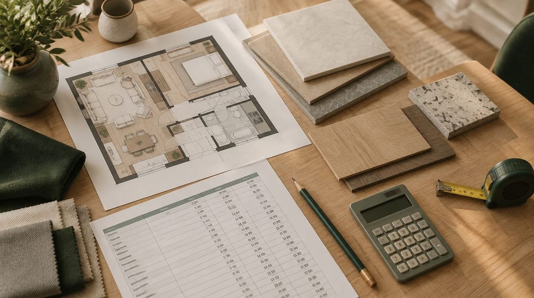 Imagem ilustrativa: planta de apartamento, amostras de porcelanato e madeira, calculadora e planilha de orçamento sobre a mesa